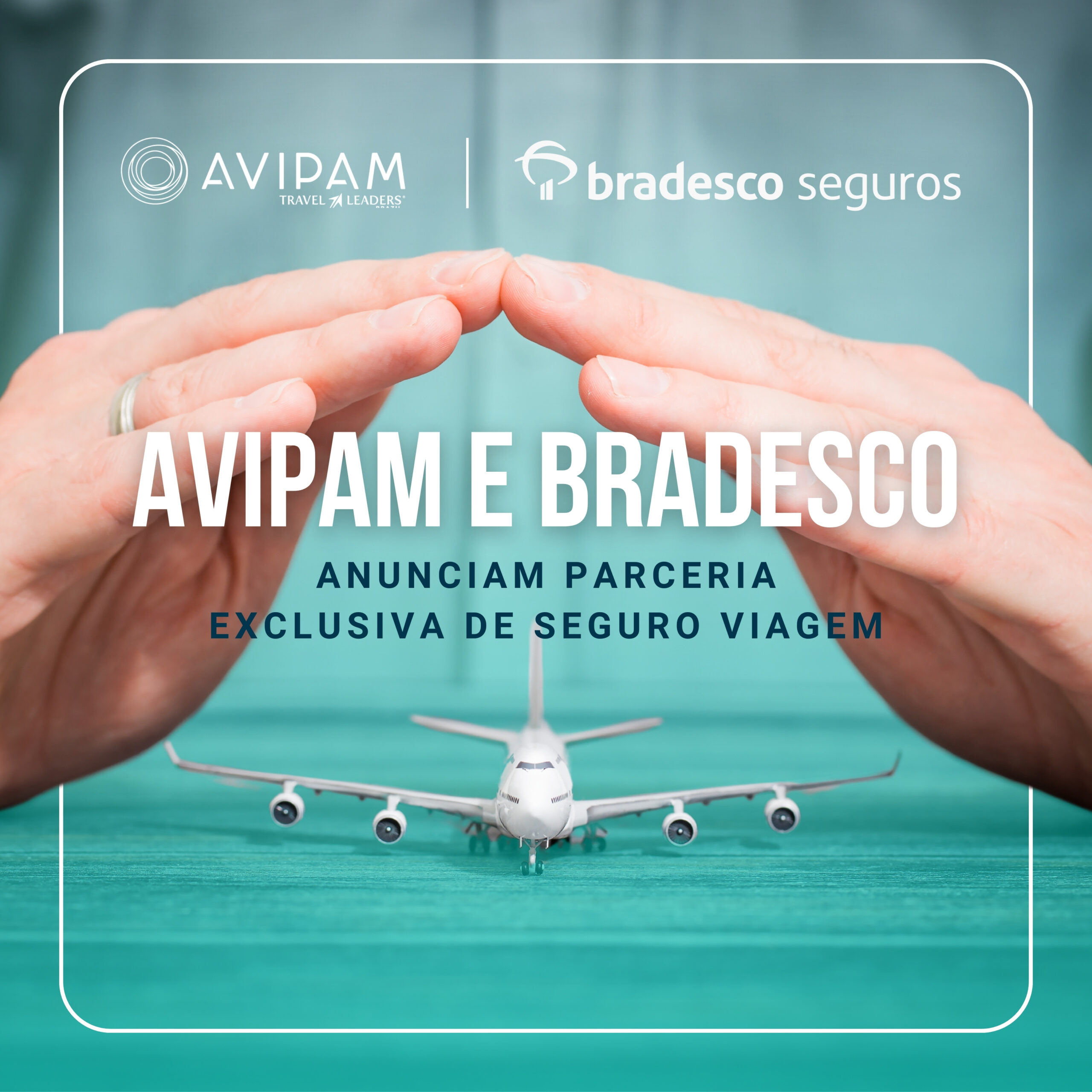 A imagem logo da Bradesco Seguros e da AVIPAM lado a lado, com um design moderno e profissional, representando a parceria entre as duas empresas. seguro-viagem.